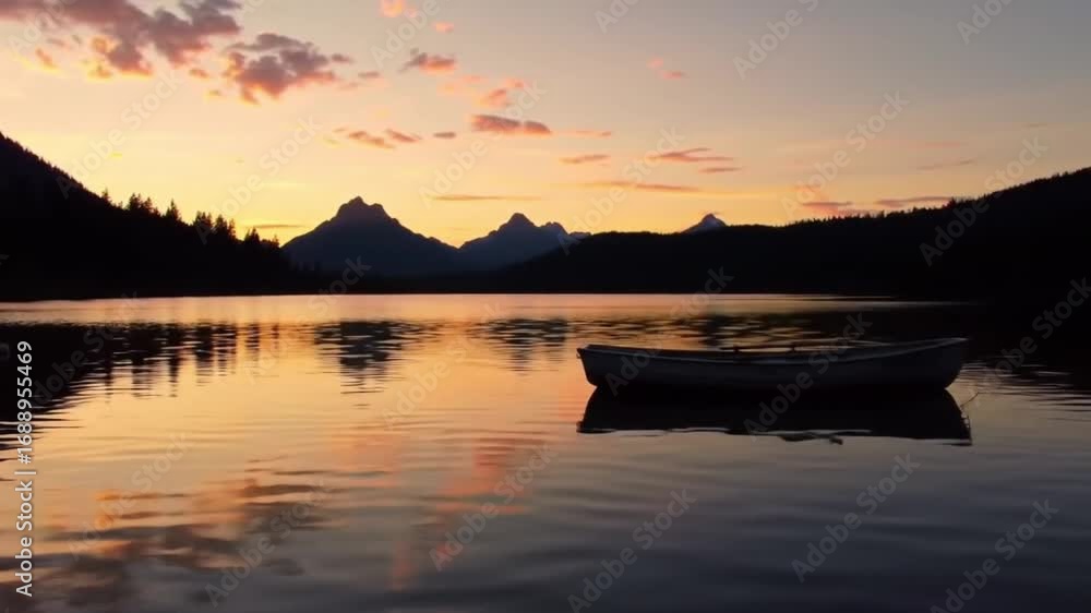 Peaceful rowboat adrift on tranquil lake as the sun sets behind majestic mountains in a golden glow