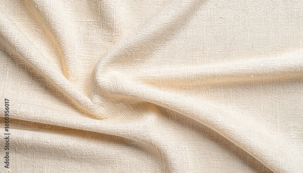 Fototapeta premium Soft cream textured fabric with gentle drapes and subtle woven pattern.