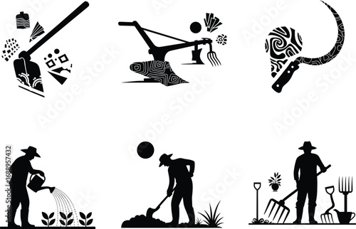 Farming tools, agriculture labor, watering plants, hoeing soil, shovel, sickle, pitchfork, rural life, black and white vector, traditional farming illustration