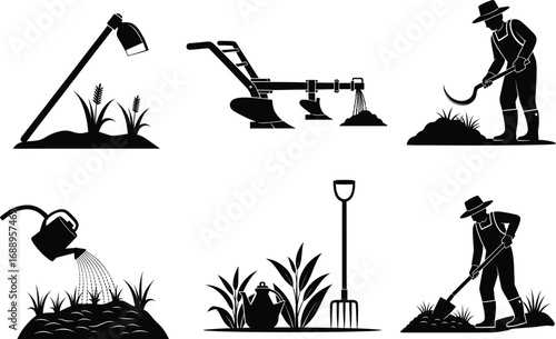 Gardening tools, farming equipment, watering can, shovel, hoe, sickle, soil cultivation, agriculture labor, outdoor work, black and white sketch, vector illustration