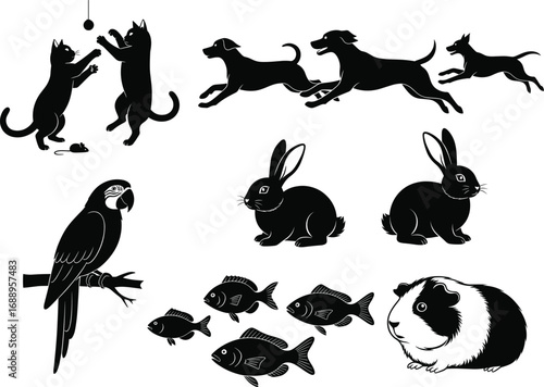 "Vector silhouettes of popular domestic pets including cats, dogs, rabbits, birds, fishes, guinea pig, playful animal icons, black pet graphics"