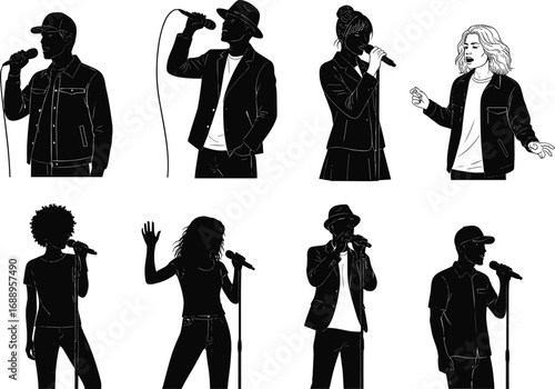 Singer silhouettes, microphone performance, music expression, vocal artist, black and white vector, diverse styles, stage presence, pop culture, entertainment illustration