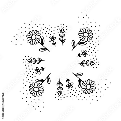 Floral frame, hand drawn. Ink and marker drawn linear illustration of natural plants. Elegant botanical texture, vector background for cards, invitations, packaging, wrapping paper and textile design.