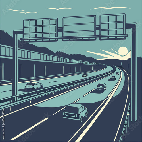 Blue and Green Highway at Sunset Illustration