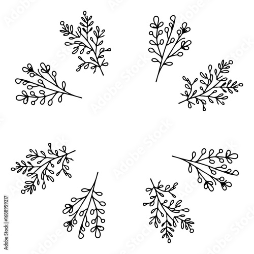 Floral frame, hand drawn. Ink and marker drawn linear illustration of natural plants. Elegant botanical texture, vector background for cards, invitations, packaging, wrapping paper and textile design.