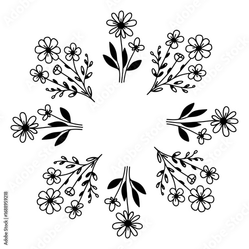 Floral frame, hand drawn. Ink and marker drawn linear illustration of natural plants. Elegant botanical texture, vector background for cards, invitations, packaging, wrapping paper and textile design.