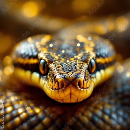 Gilded Serpents Intense Gaze Amidst a Shimmering Golden Bokeh.