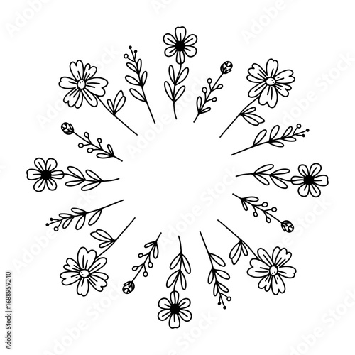 Floral frame, hand drawn. Ink and marker drawn linear illustration of natural plants. Elegant botanical texture, vector background for cards, invitations, packaging, wrapping paper and textile design.