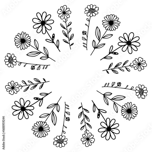 Floral frame, hand drawn. Ink and marker drawn linear illustration of natural plants. Elegant botanical texture, vector background for cards, invitations, packaging, wrapping paper and textile design.