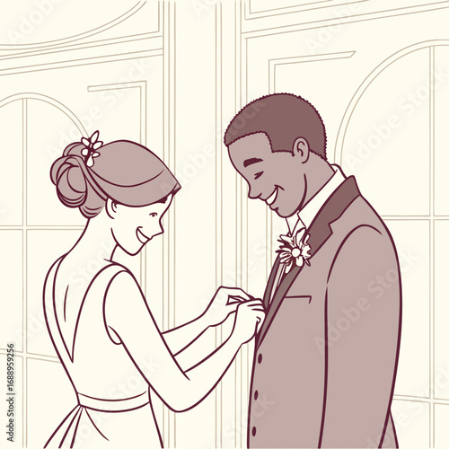 Bride Fastening Groom's Boutonniere Sepia Tone Wedding Illustration