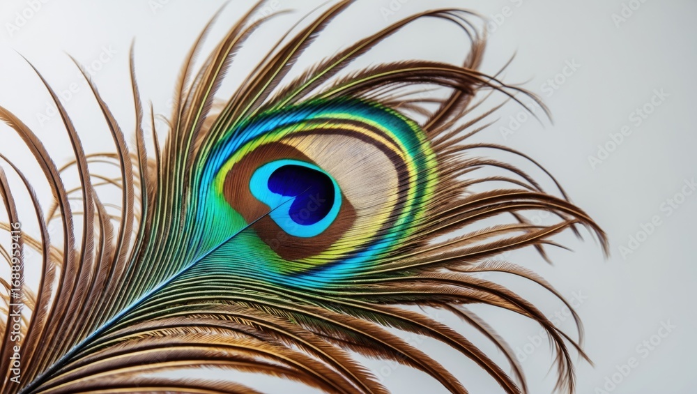 Fototapeta premium Peacock feather with vibrant eye pattern and detailed barbs. Close-up view showcasing colors and textures. Nature, beauty, and artistic design.