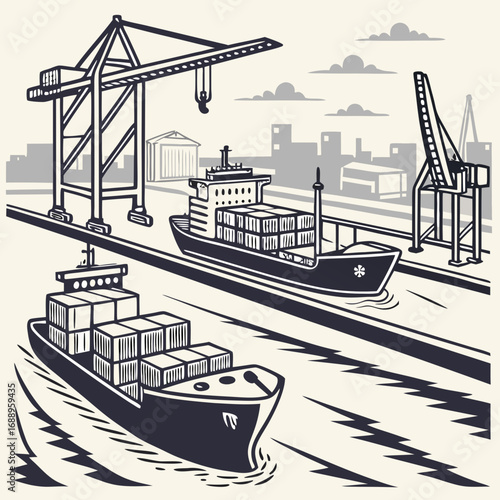 Cargo Ships at Port with Cranes and City Skyline