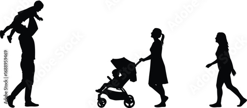 Silhouette vector of family with stroller, father lifting child, walking woman, and baby in pram representing modern family lifestyle.