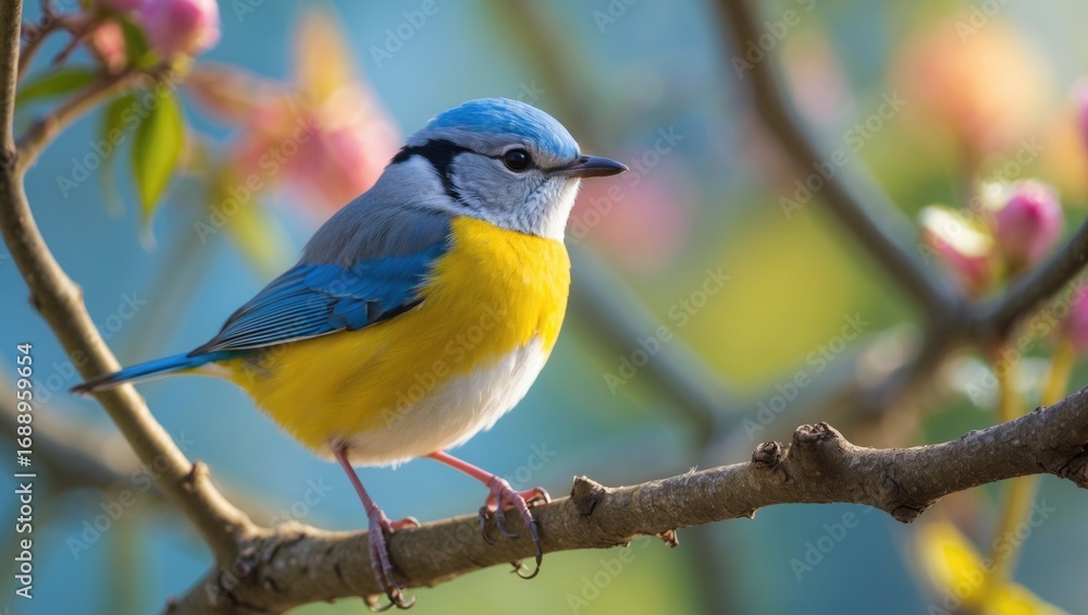 Fototapeta premium Colorful bird perched on a branch with pink flowers and green leaves in the background.