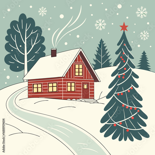 Cozy Red Cabin in Snowy Winter Landscape with Decorated Christmas Tree