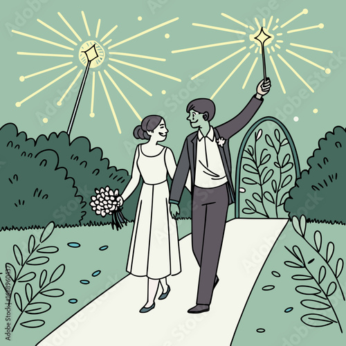 Happy Couple Walking Through Garden at Night with Fireworks