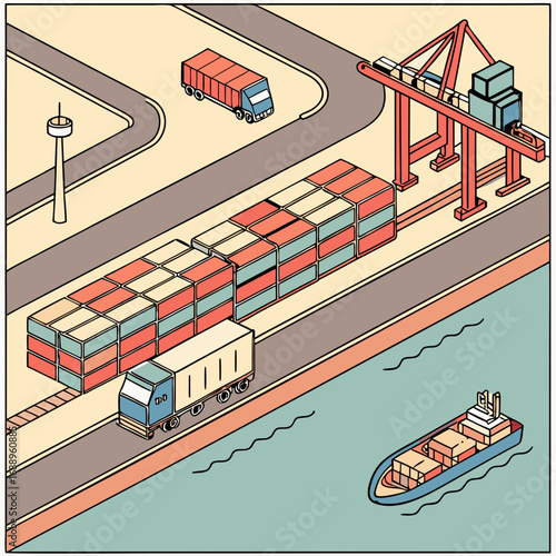 Isometric Illustration of Cargo Shipping at a Busy Port