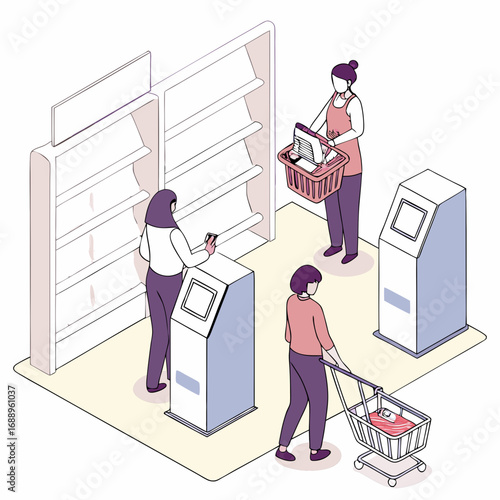 Isometric Illustration of Modern Grocery Store with Self Checkout Kiosks