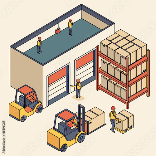 Isometric Illustration of Warehouse Workers Loading Boxes with Forklifts