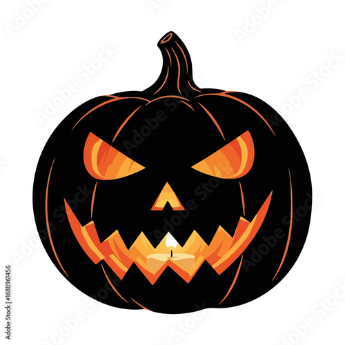 Scary jack o lantern silhouette with candle flame isolated on white background