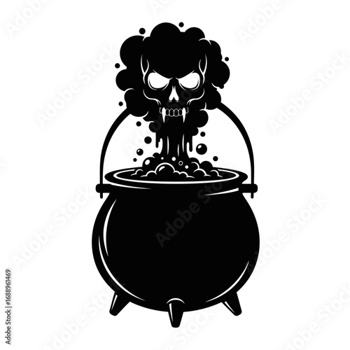 Scary skull emerging from bubbling cauldron silhouette isolated on white background