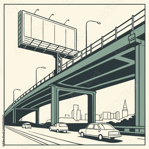 Modern Highway Overpass with Empty Billboard and Cityscape