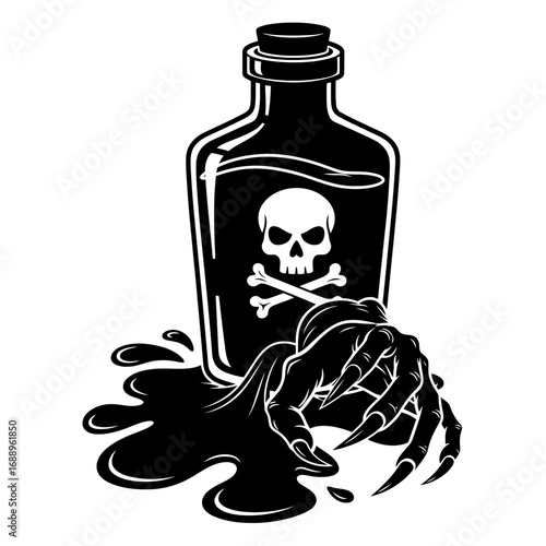 Poison bottle with skull and crossbones and monster hand silhouette isolated on white background