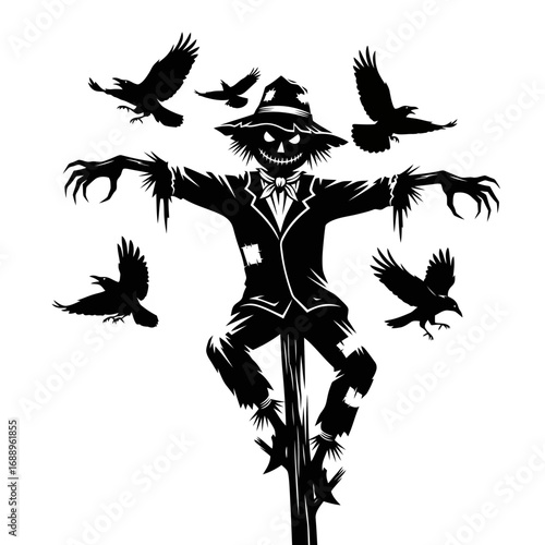 Scary scarecrow silhouette with crows isolated on white background