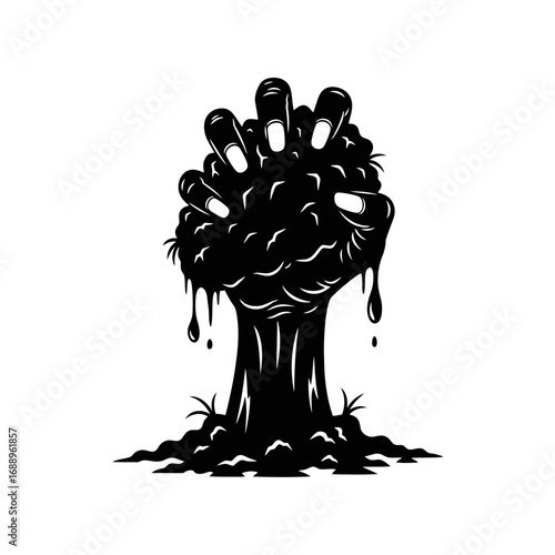 Zombie hand emerging from the ground silhouette isolated on white background