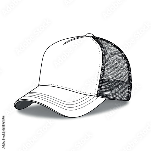 Clean Trucker Hat Vector Illustration - Three-Quarter Back View Highlighting Mesh and Curvature - Minimalist Design Mockup