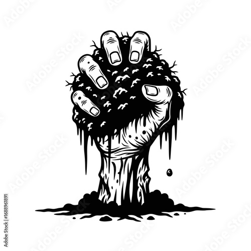 Zombie hand emerging from ground silhouette isolated on white background