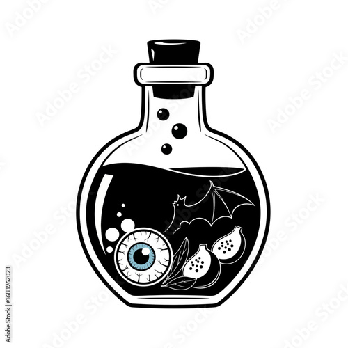 Halloween potion bottle with eyeball bat and fruits silhouette isolated on white background