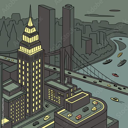 Night Cityscape Illustration: Geometric Skyscrapers and Bridge over River