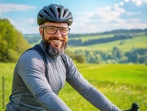 A man with glasses and a beard rides his bicycle in a bright, sunny environment filled with green fields and distant hills. He smiles at the camera, clearly enjoying his outing.