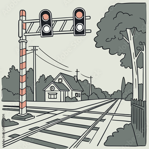 Railroad Crossing with Red Signal Lights and House