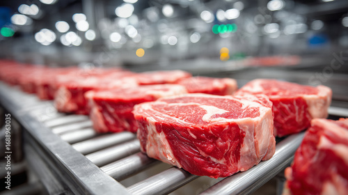 Modern meat processing plant with advanced technology, showcasing fresh and packaged meats ready for distribution, symbolizing meat safety, traceability, and innovation in the meat