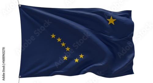 Alaska flag waving in the wind on blue background  