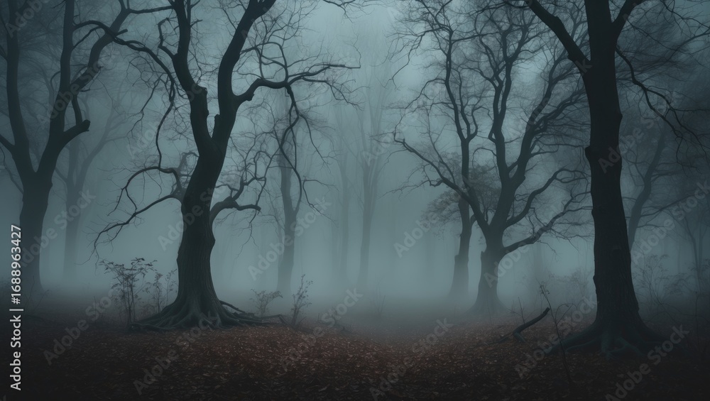 Obraz premium Dense foggy forest with leafless trees in a moody, eerie atmosphere. Dark, misty woodland landscape. The concept of mystery and nature.