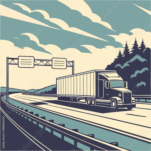 Semi Truck Driving on a Highway Through Mountain Landscape