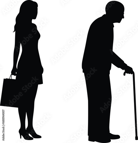 Silhouette vector of woman holding shopping bag and elderly man walking with cane, lifestyle contrast, age difference, black isolated figures.