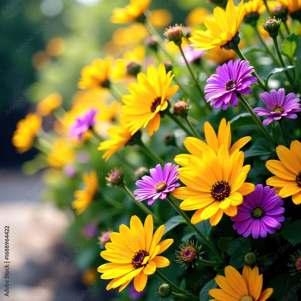 Fototapeta premium Vibrant yellow and purple daisy flowers in a summer garden