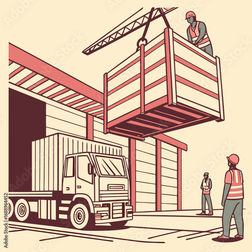 Workers Loading Cargo Container with Crane at Warehouse