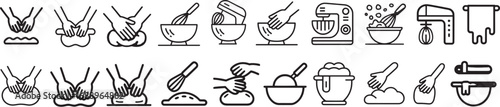Cooking and Baking Process Icons with Mixing and Whisking Utensils A Collection of Kitchen Line Art Vectors for Food Preparation