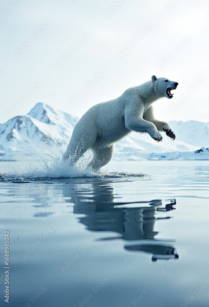 Naklejka premium Conceptual Double Exposure - Polar Bear Plunge Day, Majestic Polar Bear in Arctic Landscape Swimming Through Crystal Clear Water