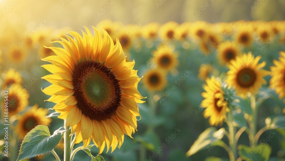 Fototapeta premium Bright sunflower field with a prominent sunflower in the foreground and many more in the background, capturing the essence of summer and nature.