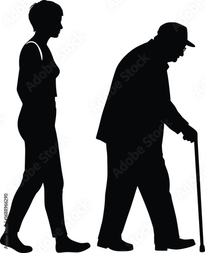 Silhouette vector of young woman walking beside elderly man with cane, representing age contrast, mobility support, and human care.