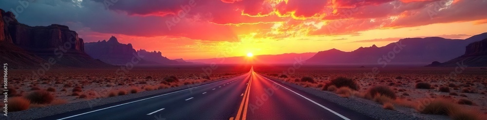 Naklejka premium Epic desert highway stretching to the horizon under a vibrant sunset sky Jagged mountains silhouette the distant landscape, promising adventure around every bend , mountain range, west