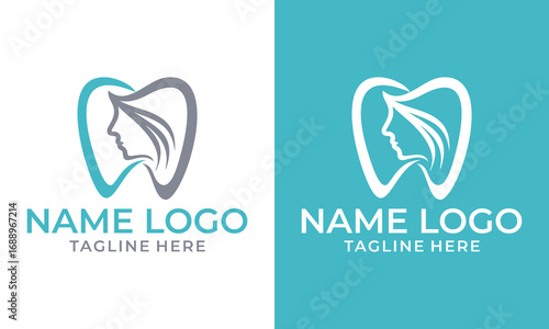 Oral Facial logo design, dentist dental tooth teeth shape of beauty woman face vector template