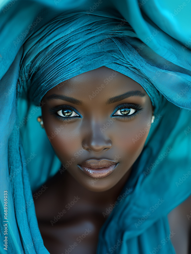 Naklejka premium Close-Up Portrait of Woman with Teal Headwrap and Striking Light Eyes on Soft Blurred Background.
