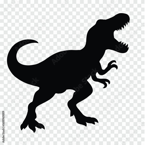 Silhouette of a roaring Tyrannosaurus rex dinosaur in dynamic pose, black vector illustration isolated on transparent background